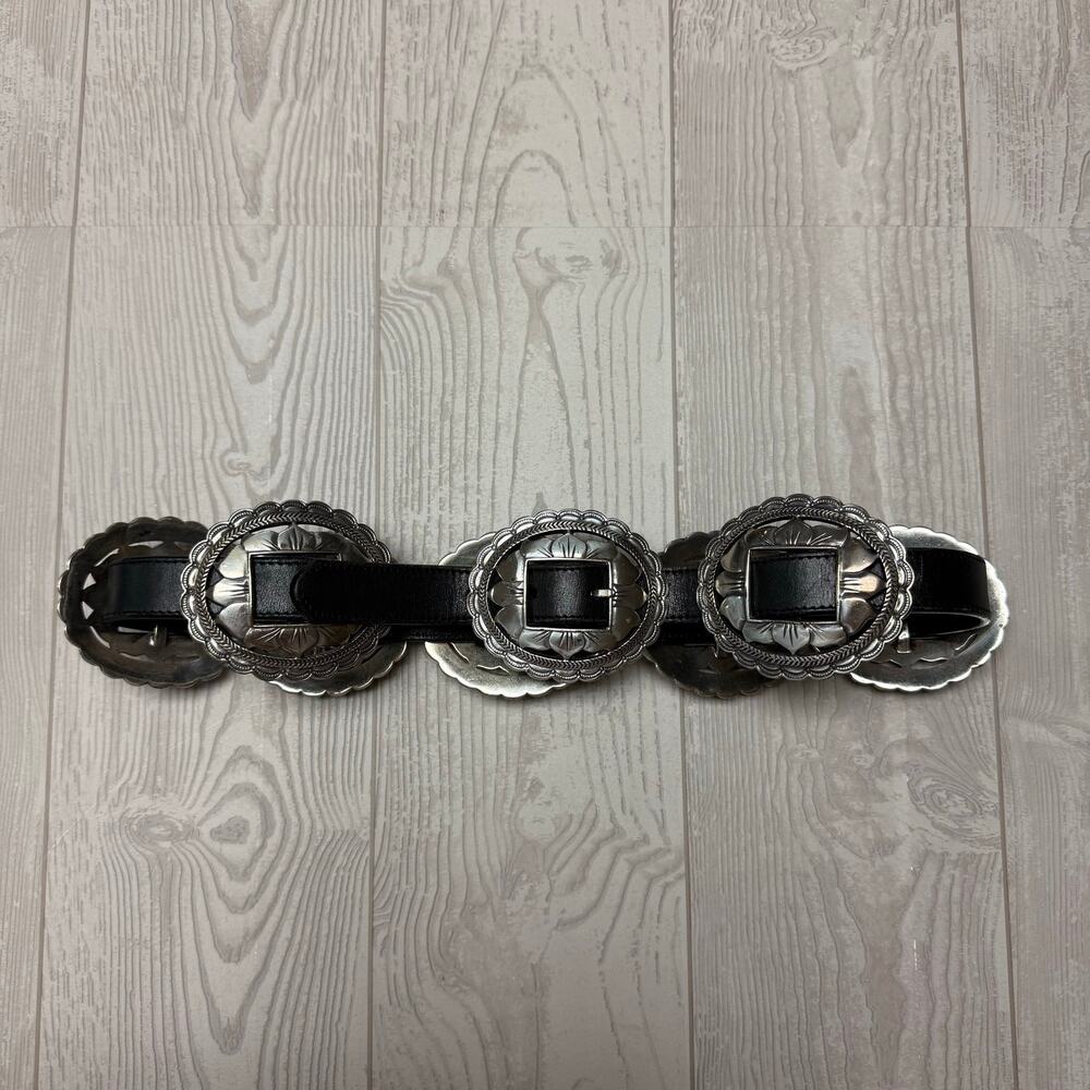 Vintage Brighton Women’s Black Leather Concho Belt Size M Silver Western USA